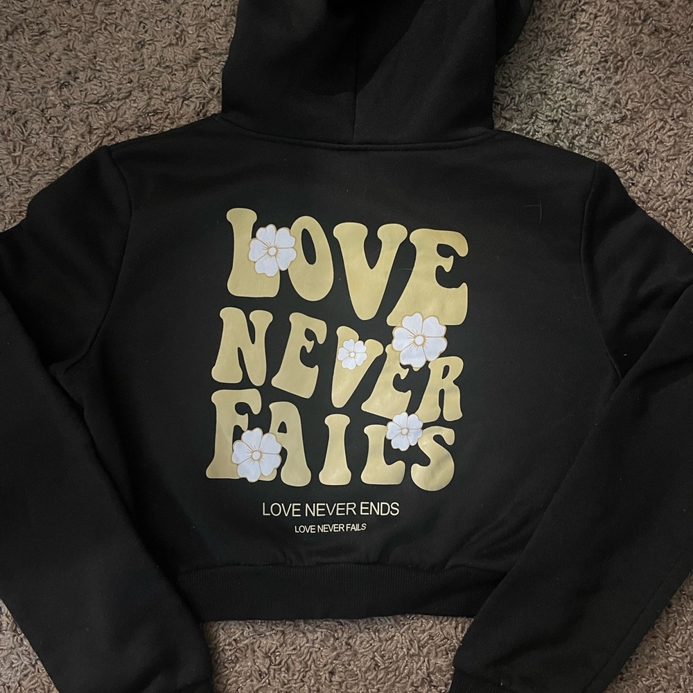 “Love Never Fails” Shein Crop Top Zip Up Black Hoodie